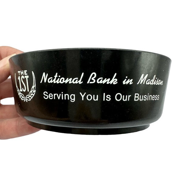 Vintage USA Advertising Ashtray- The 1st National‎ Bank in Madison black plastic - Picture 2 of 6